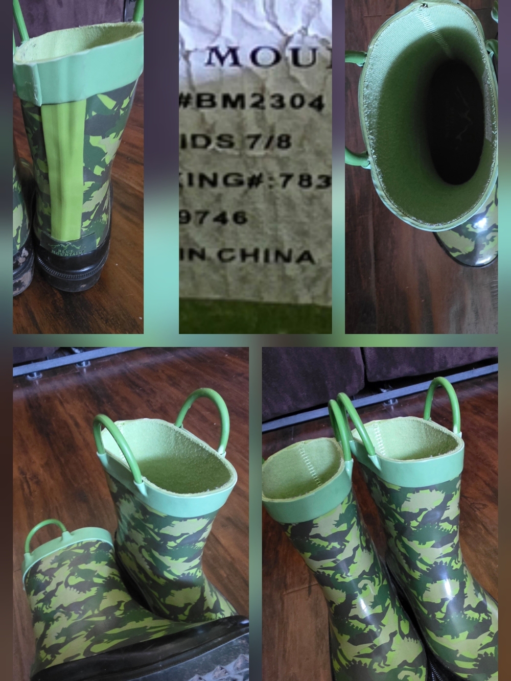 Blue Mountain Green Dinosaur Camo Kids Rain Boots with Pull Handles